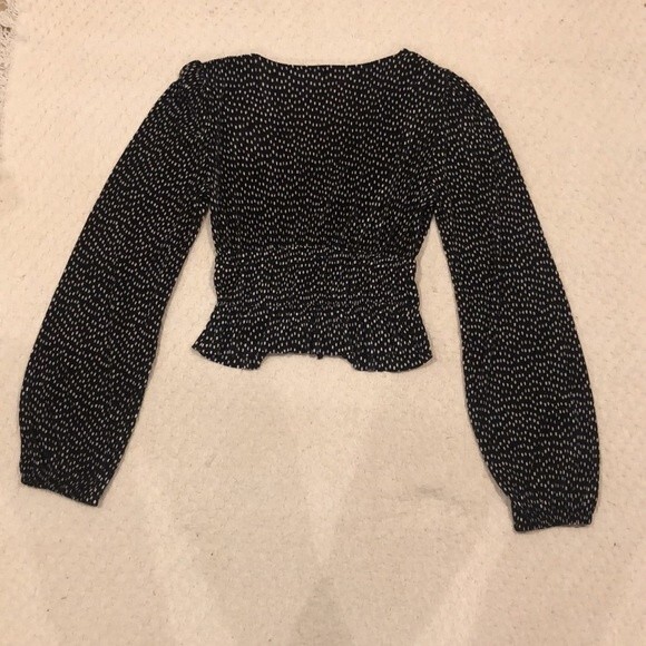 Zara Long Sleeve Black White Polka Dot Pleated Crop Blouse with Tie Accent Small - Picture 6 of 6